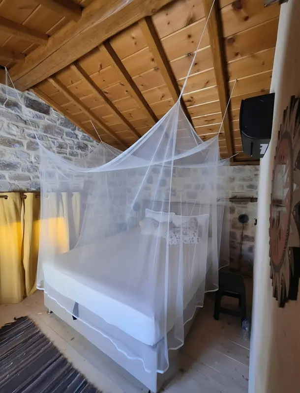 Bedroom with a mosquito net over the bed and a wooden ceiling